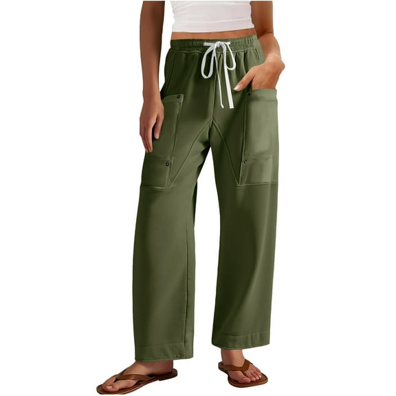 ZHYou Womens Drawstring Cargo Pants,Loose Fit,Baggy Elastic Waist,Multiple Pockets,Casual Wide Leg Trousers,Army Green,Size L