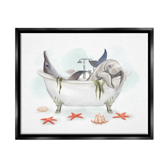 Stupell Industries Dolphin & Manatee Bathtub Animals & Insects Painting Black Floater Framed Art Print Wall Art, 21 x 17