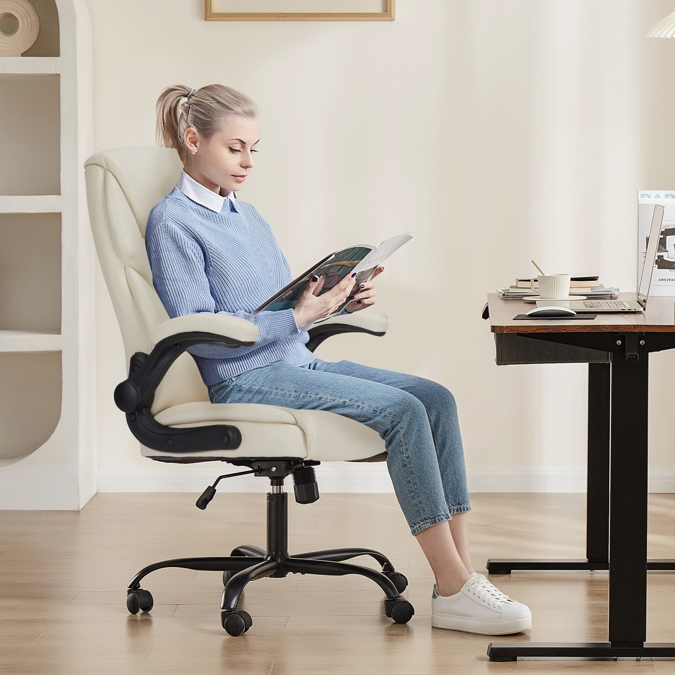 CONCETTA High Back Office Chair,PU Leather Desk Chair with Lumbar Support, Wheels, and Flip-up Armrest, White