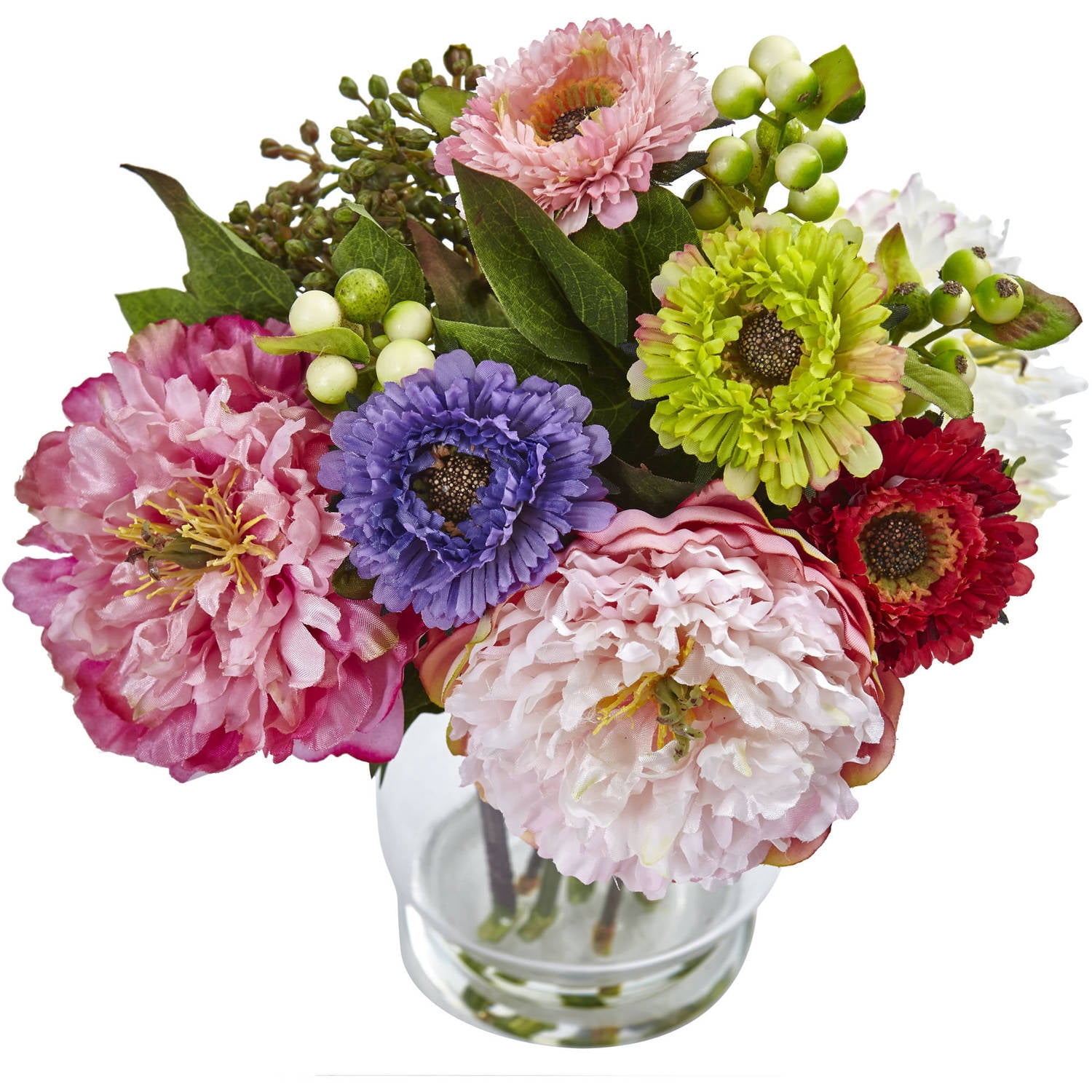 Nearly Natural Peony and Mum in Glass Vase