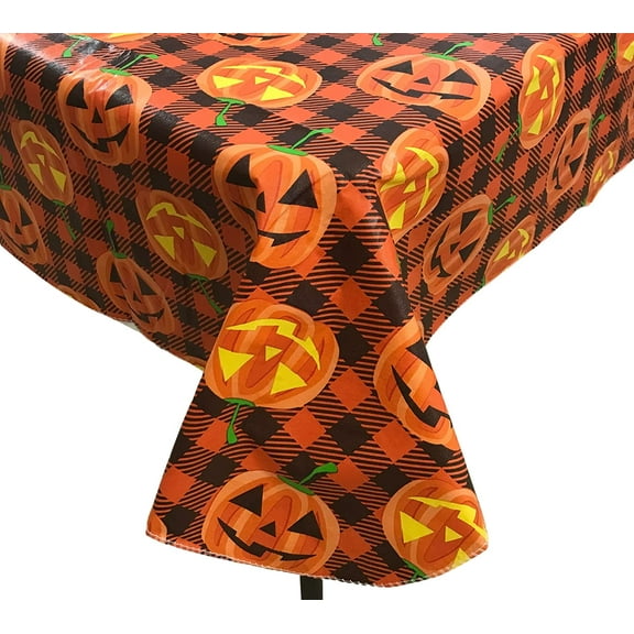 Farmhouse Halloween Flannel Backed Vinyl Tablecloth: Fun and Spooky Jack O Lantern Pumpkins on Orange Black Check Background 52" x 70"