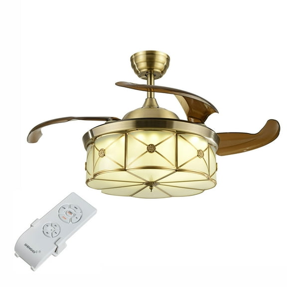 36 Inch Retractable Ceiling Fan Light LED Dimmable Chandelier w/ Remote Control!