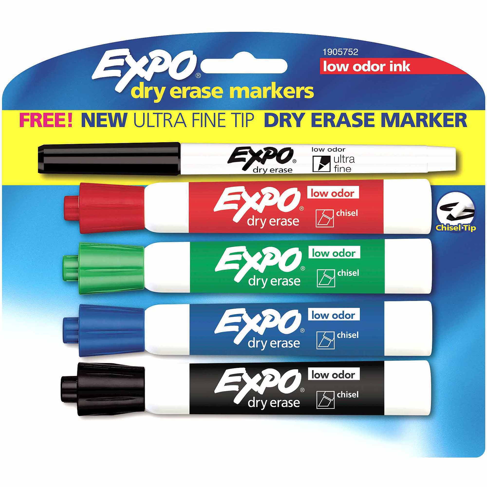 Expo® Low Odor Dry Erase Markers, Chisel & Ultra-Fine Tips, Business Colors, 4 + 1 Bonus Pack