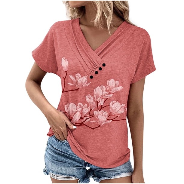 Camiseta de Manga Corta Suelta con Cuello en V Impresa, Blusa Casual para el Hogar Y el Uso Diario