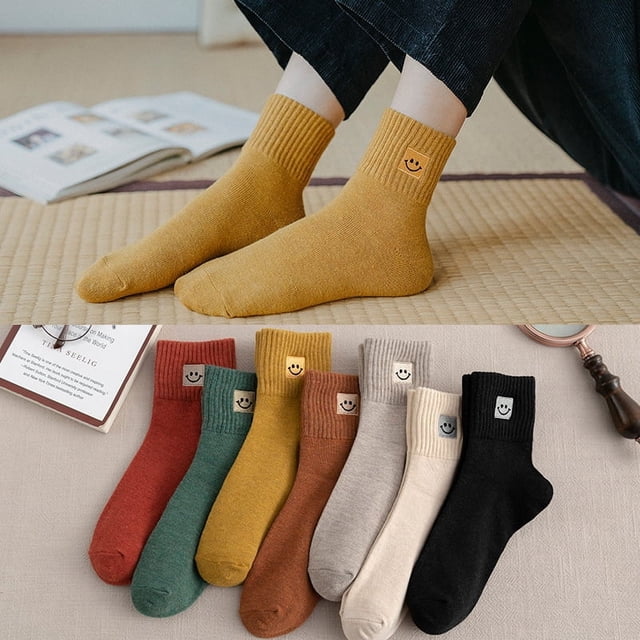 Calcetines de tubo de otoño e invierno para niños, calcetines largos de tubo de invierno para mujer, calcetines cálidos de algodón de color sólido con bordado de cara sonriente, calcetines de mujer