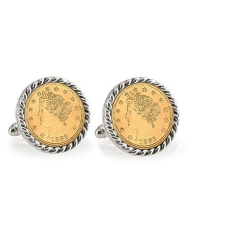 Gold-Layered Liberty Nickel Silvertone Rope Bezel Coin Cuff Links