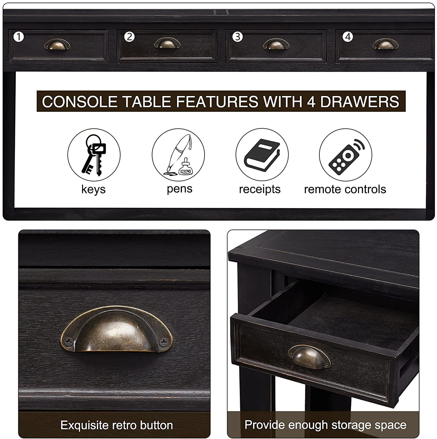 Kinbor 60'' Console Table Entryway Hallway Decoration Drawers Shelf Painted Black Rustic