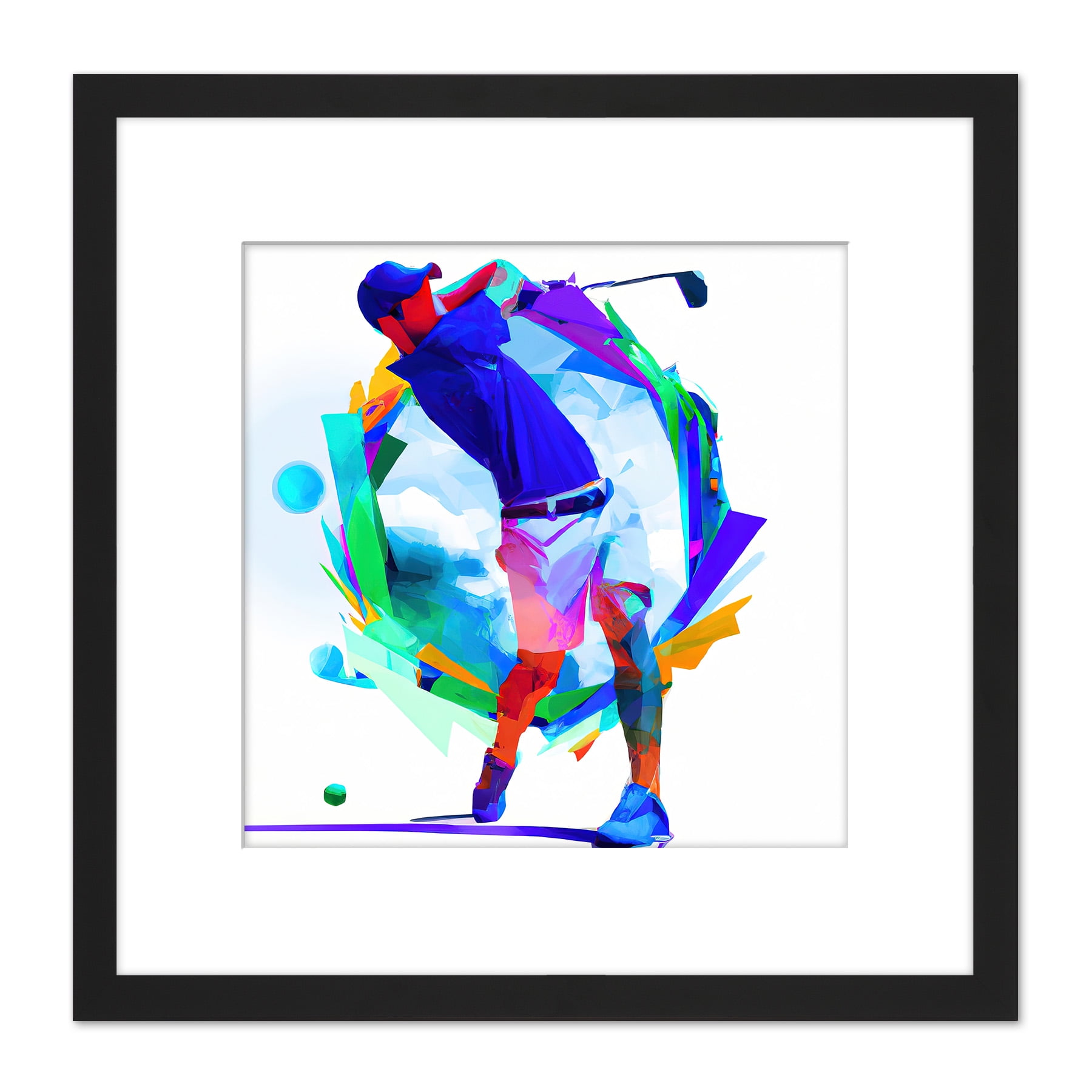 Abstract Golfer Golf Course Golfing Swing Bright Painting Square Wooden Framed Wall Art Print