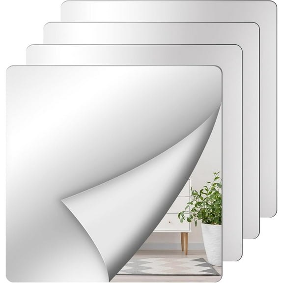 Wall Stickers - Unbreakable Self-Adhesive Mirror Tiles for Bedroom, Home, Gym, Door - Acrylic Shatterproof Sheets, Panels (8x8 Inch, 4 Pcs)