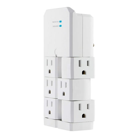 GE Pro 6-Outlet Surge Protector Adapter, 90 Degree Swivel Outlets, White,