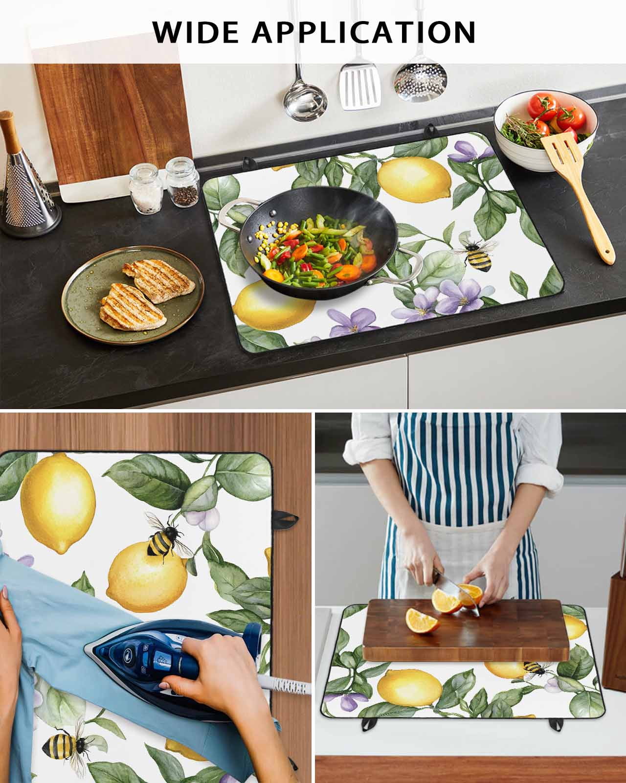 nqOlkjepod Large Induction Cooktop Protector Mat 24"x21", Lemon Stove Top Covers for Electric Stove, Summer Bee Farmhouse Green Leaf Purple Flower Stove Burner Cover Mats, Glass Top Stove Cover
