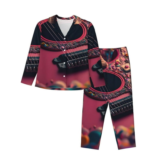 Bingfone Ensemble de Pyjama pour Femmes Imprimé Guitare Cœur Romantique, Ensemble de Pyjama à Manches Longues - Très Grand