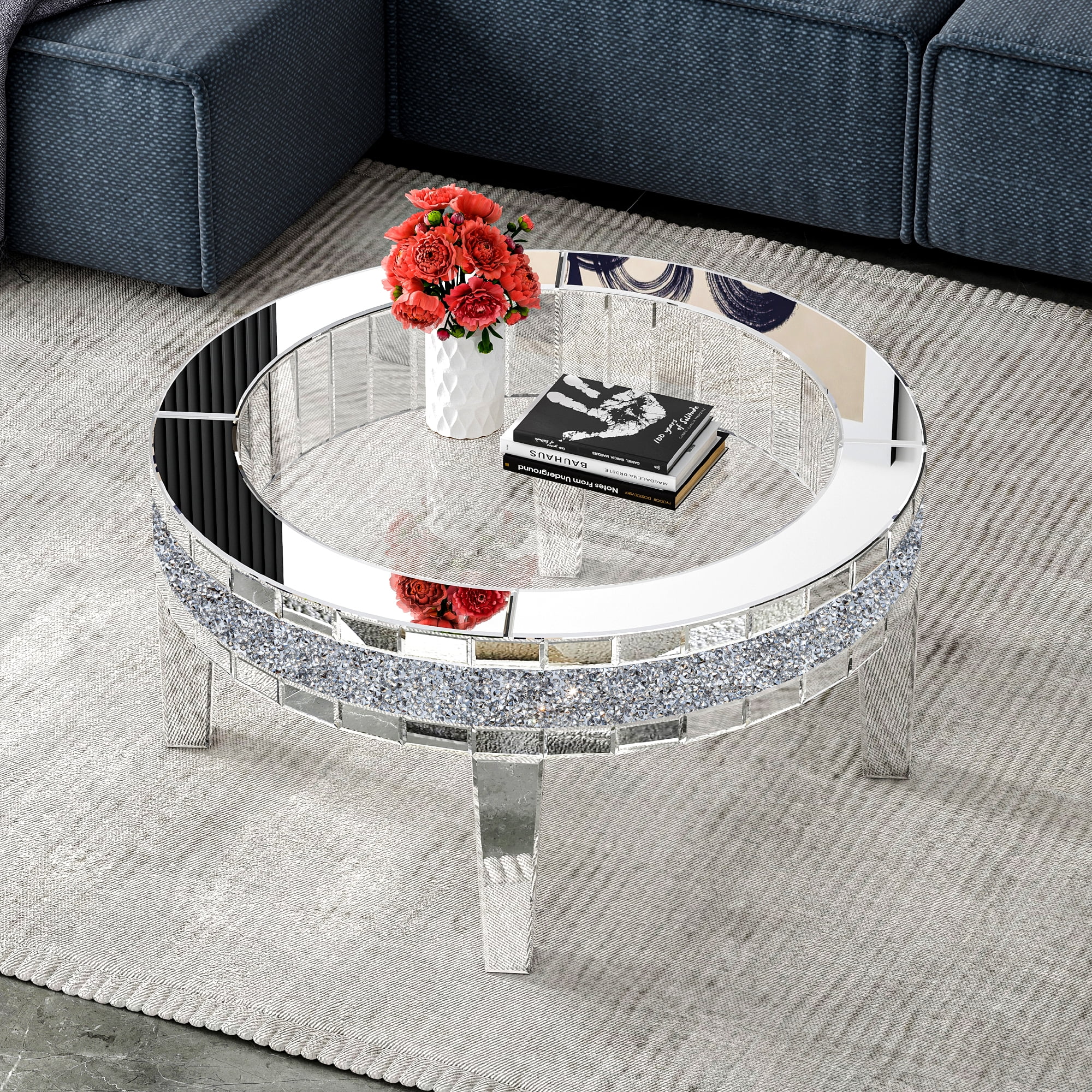 35.5'' Round Glass Top Coffee Table with Crystal Inlay Modern Round Coffee Table Silver Accent Table for Living Room Decor