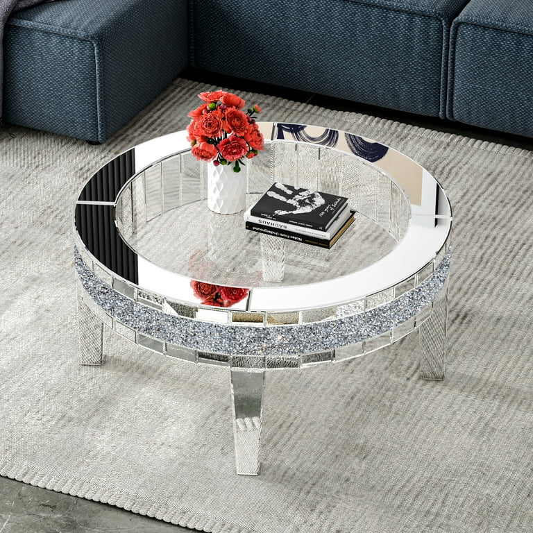 35.5 Round Glass Top Coffee Table with Crystal Inlay Modern Round Coffee Table Silver Accent Table for Living Room Decor
