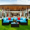 thumbnail image 2 of 7 Piece Outdoor Bistro Wicker Sectional Conversation Sets, All-Weather Patio Rattan Furniture Sets with Seat Cushions & Coffee Table Table, 2 Pillows for Living Room, Porch, Backyard, 280lbs, SS604, 2 of 10