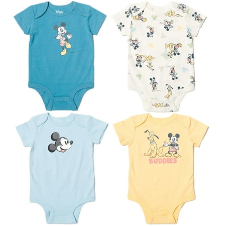 

Disney Mickey Mouse Pluto Newborn Baby Boys 4 Pack Cuddly Ring Snap Bodysuits blue / White / Yellow 3-6 Months