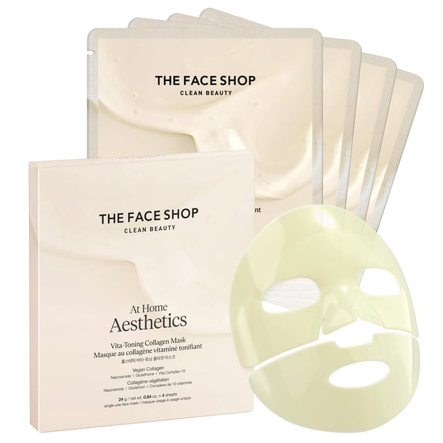 The Face Shop At Home Aesthetic - Mascarilla Facial Coreana de Hidrogel | Set de 4 Piezas Antiedad y Luminosidad | Con Colágeno y Vita Complex 10 Toning | Reafirma, Hidrata y Aten&uacut