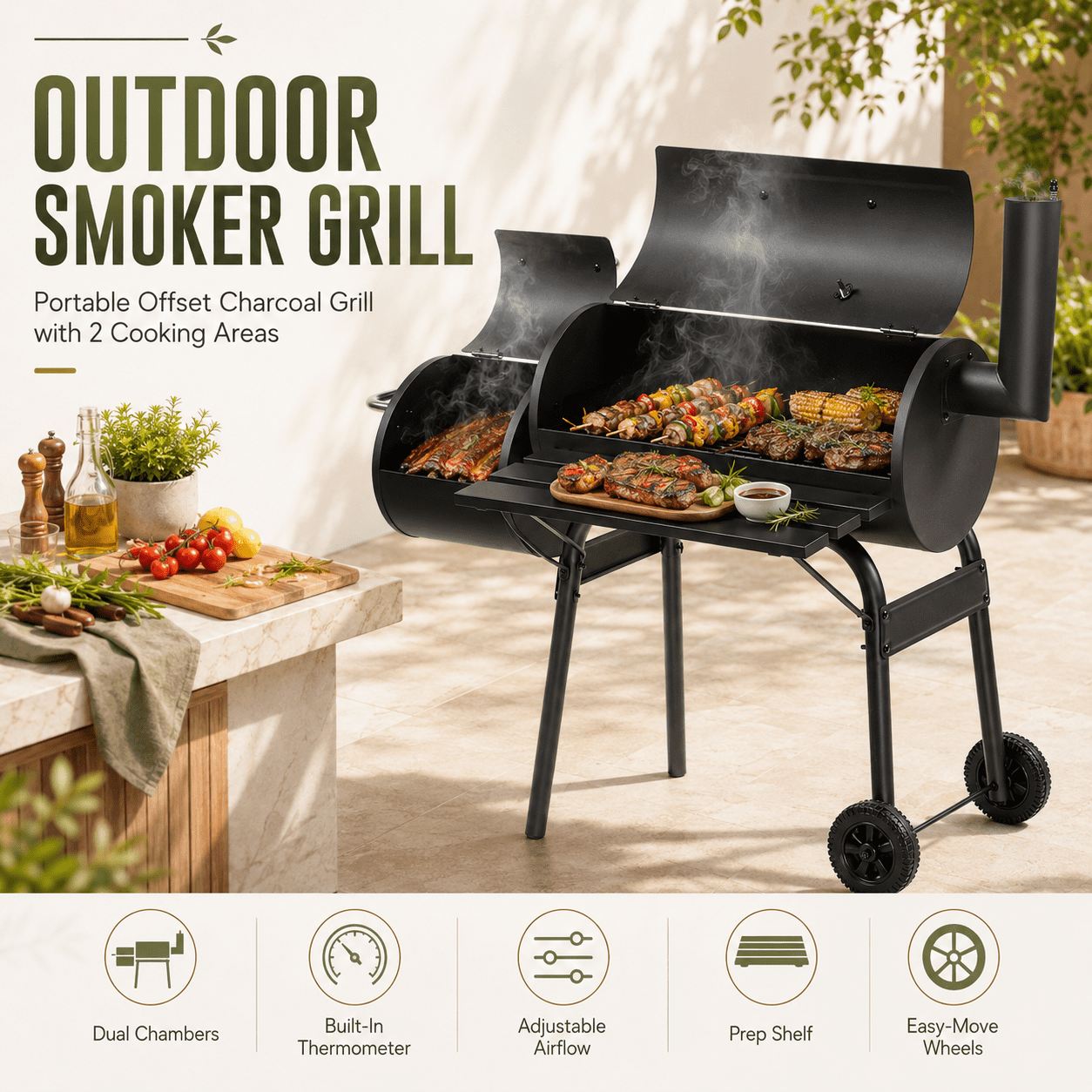 Smoker Grill, Outdoor BBQ Charcoal Grill W/2 Cooking Area, Portable Offset Smoker on Wheels for Patio Backyard Camping