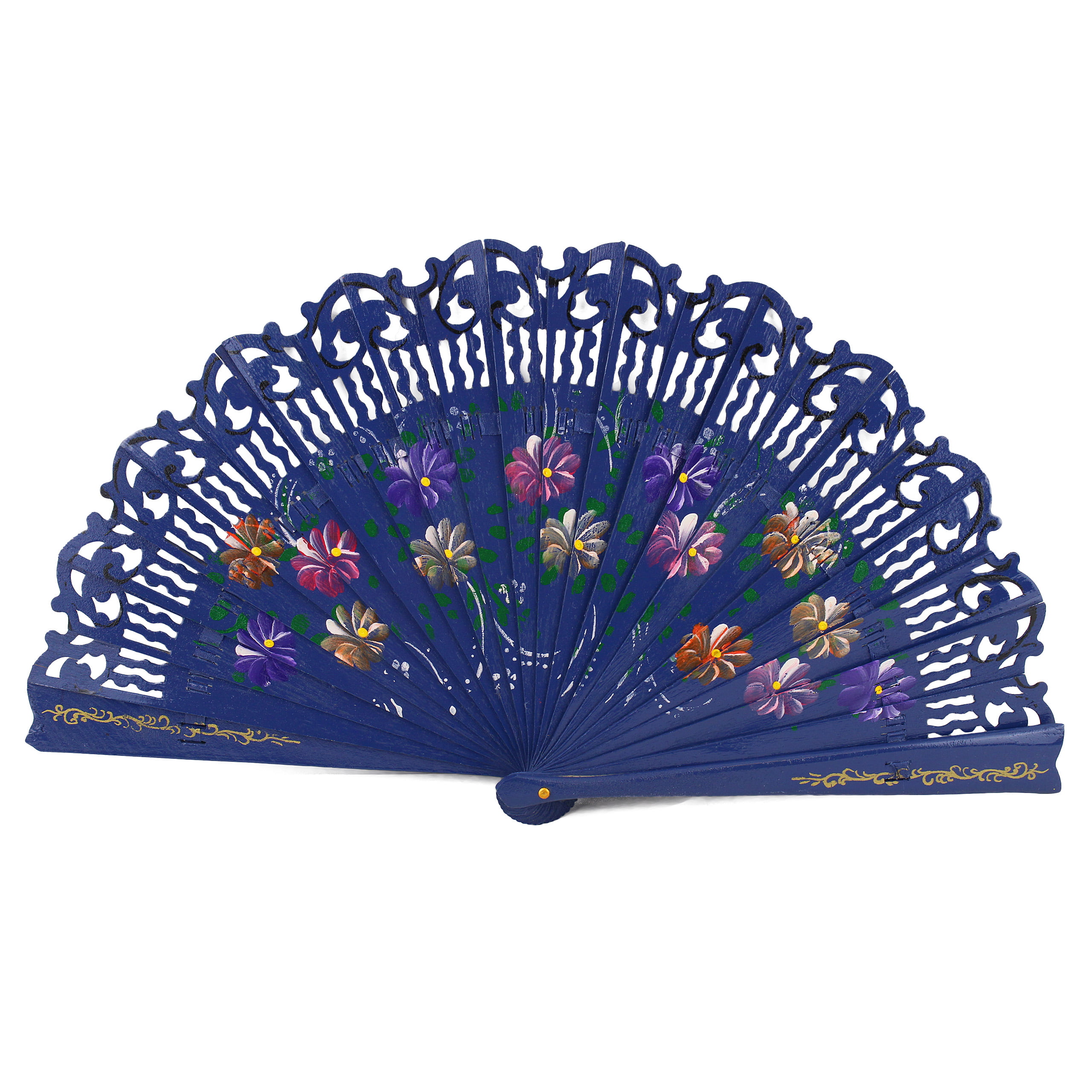Pink Double Sided Wooden Spanish Floral Print Hand Folding Fan Party Gift 