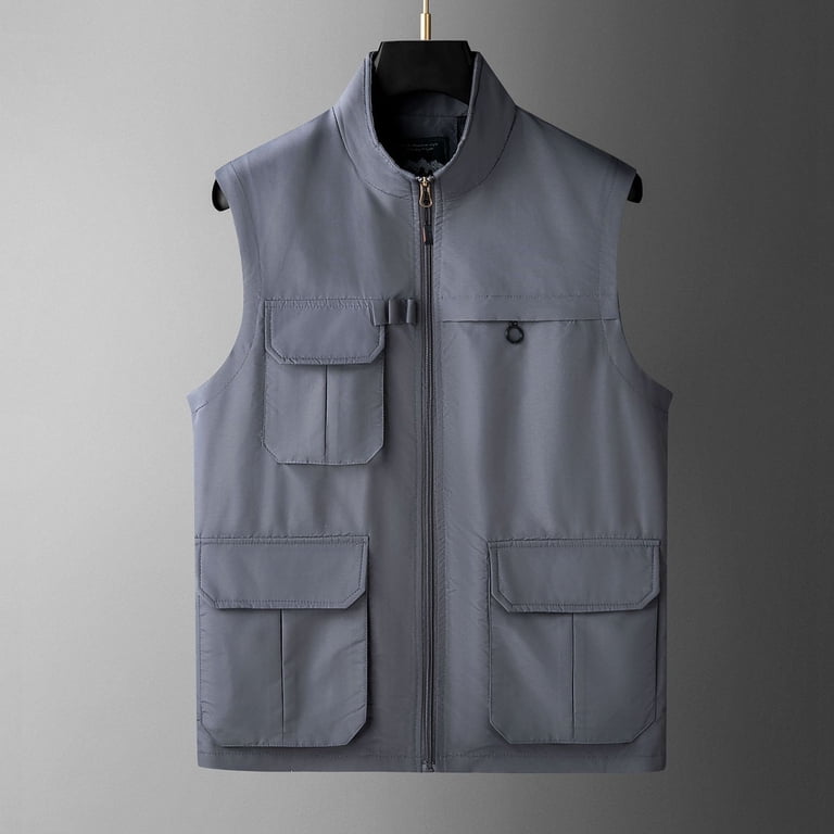 Fewfanhot Men Stand Collar Multi Flap Pocket Utility Vest