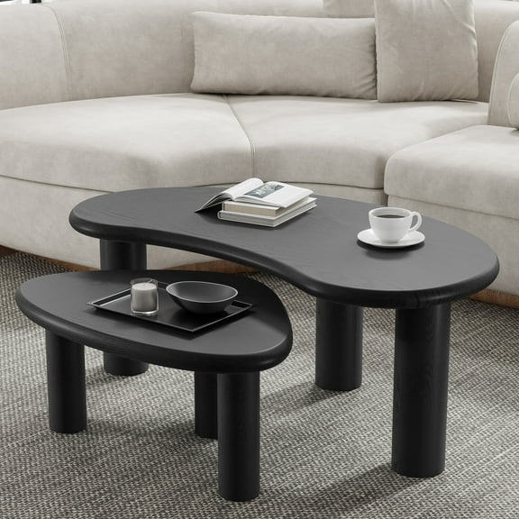 MAYEERTY 48" Cashew - Shaped Coffee Table Set, Modern Solid Wood Irregular Side Table for Living Room, Black