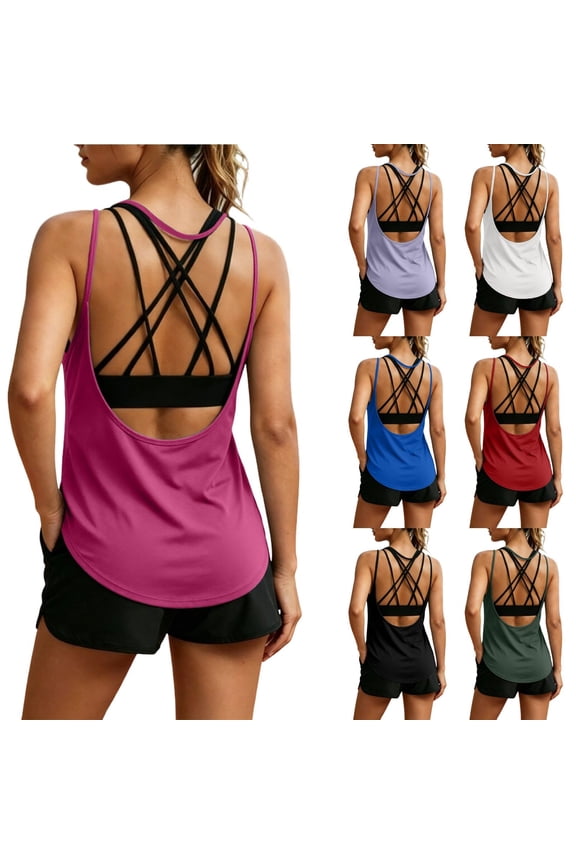 Women Crisscross Strappy Backless Tank Tops, UNeck Curved Hem Workout Yoga Gym Casual Activewear For Women Red XXL