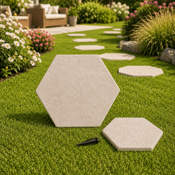Hexagon Garden Stepping Stone,Imitation Stone Walkway Slab with Natural Texture, Lightweight Durable Outdoor Pathway Tiles Beige 17.63x8.85in Beige
