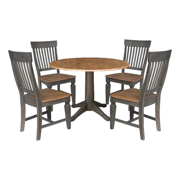 Wood 42 in. Round Drop Leaf Dining Table with 4 Chairs in Hickory/Washed Coal