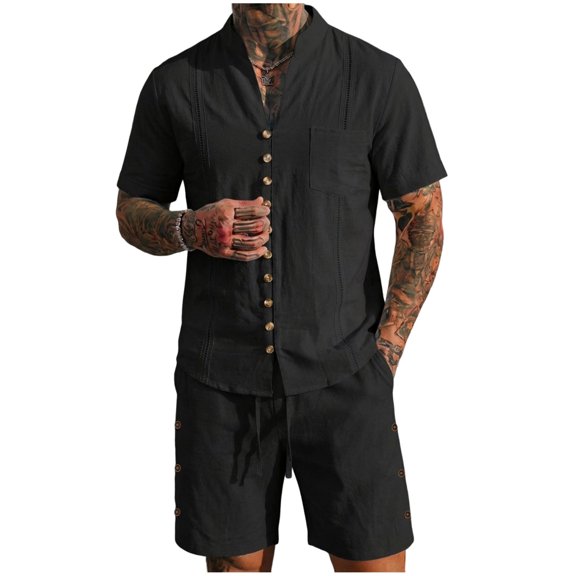 BLTIBY Mens Linen Outfits 2 Piece Set Casual Short Sleeve Button Down V Neck Shirts Loose Drawstring Shorts Soft Beach Vacation Loungwear Black XXL