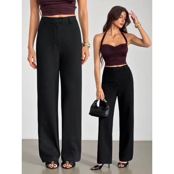 Women's High Waist Linen Wide Leg Pants, Button Zipper Closure Loose Trousers with Pockets for Summer Business Casual Daily Wear