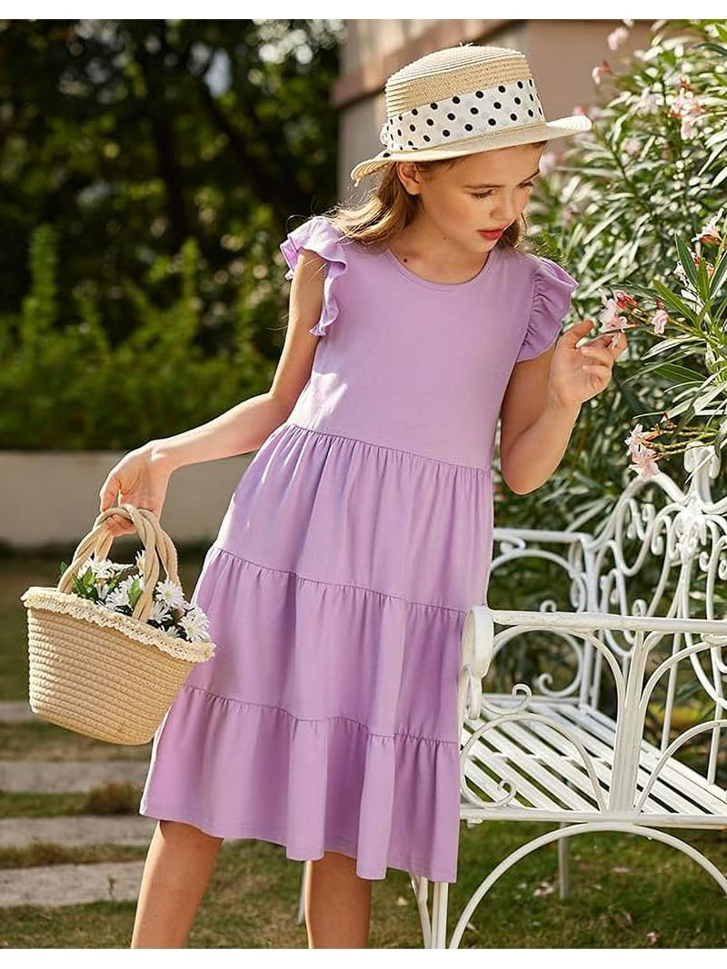 Oudiya Purple Dresses for Girls Ruffle Sleeve Tiered Swing Casual Midi  Sundress with Pockets for Kids 6-14Y - Walmart.com