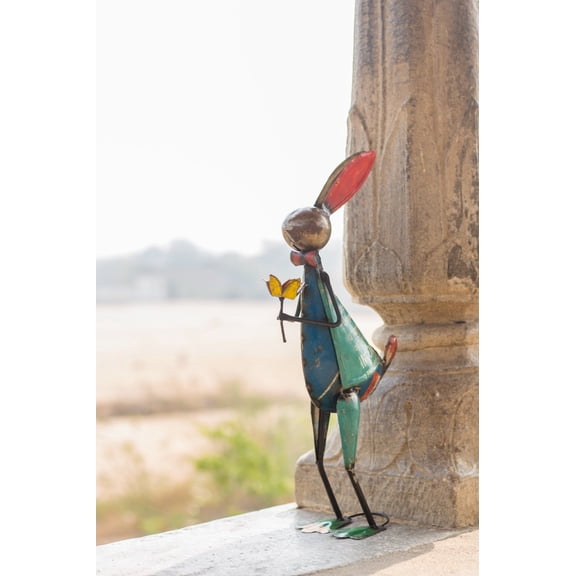 De Kulture Works Iron Rabbit With Flower Decorative Collectible Figurine Showpiece Decoration