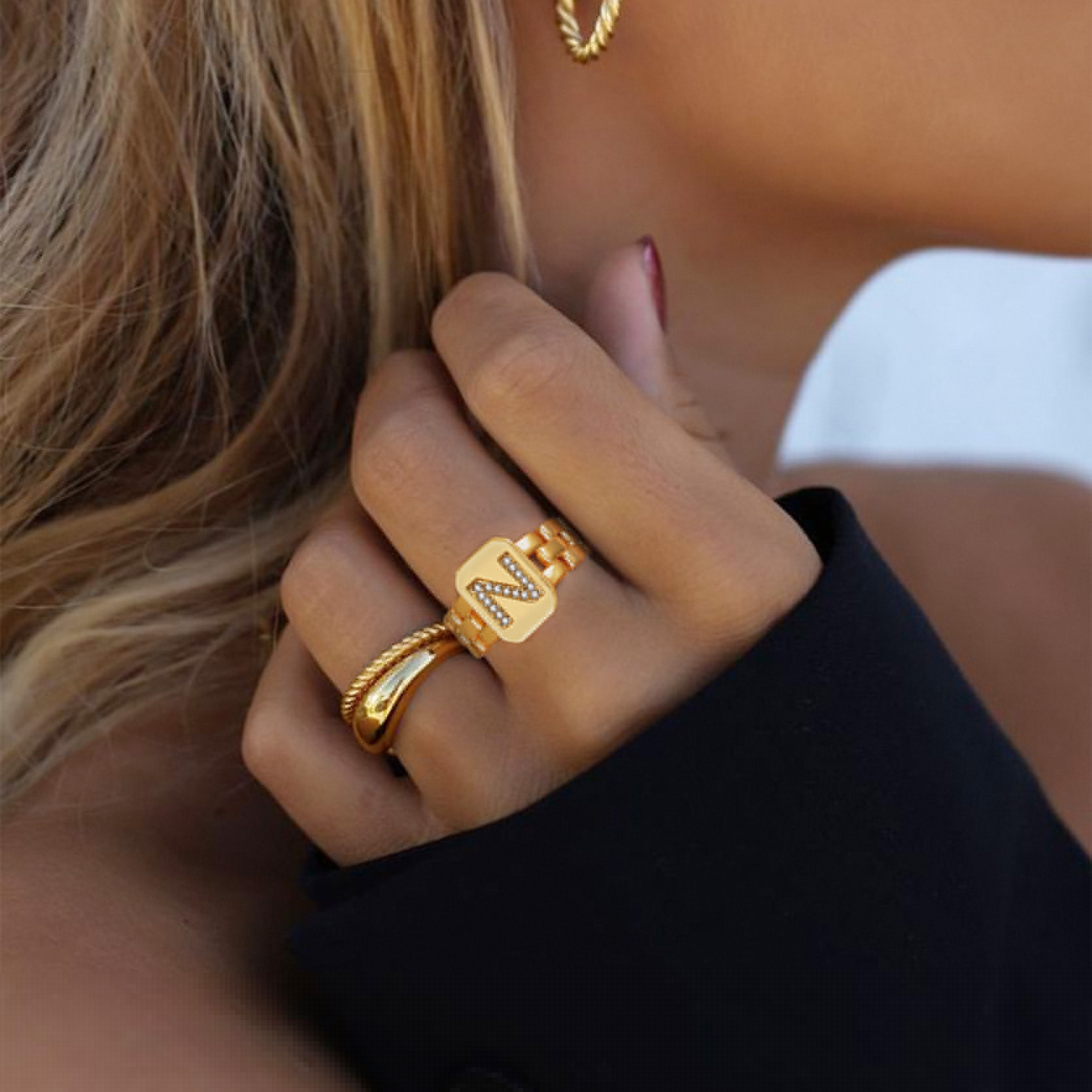 thumbnail image 3 of KeyStyle Gold Plated Initial Ring for Men A-Z Alphabet Letter Ring Statement Adjustable Men Rings Jewelry Valentines Gifts for Husband Boyfriends, 3 of 10