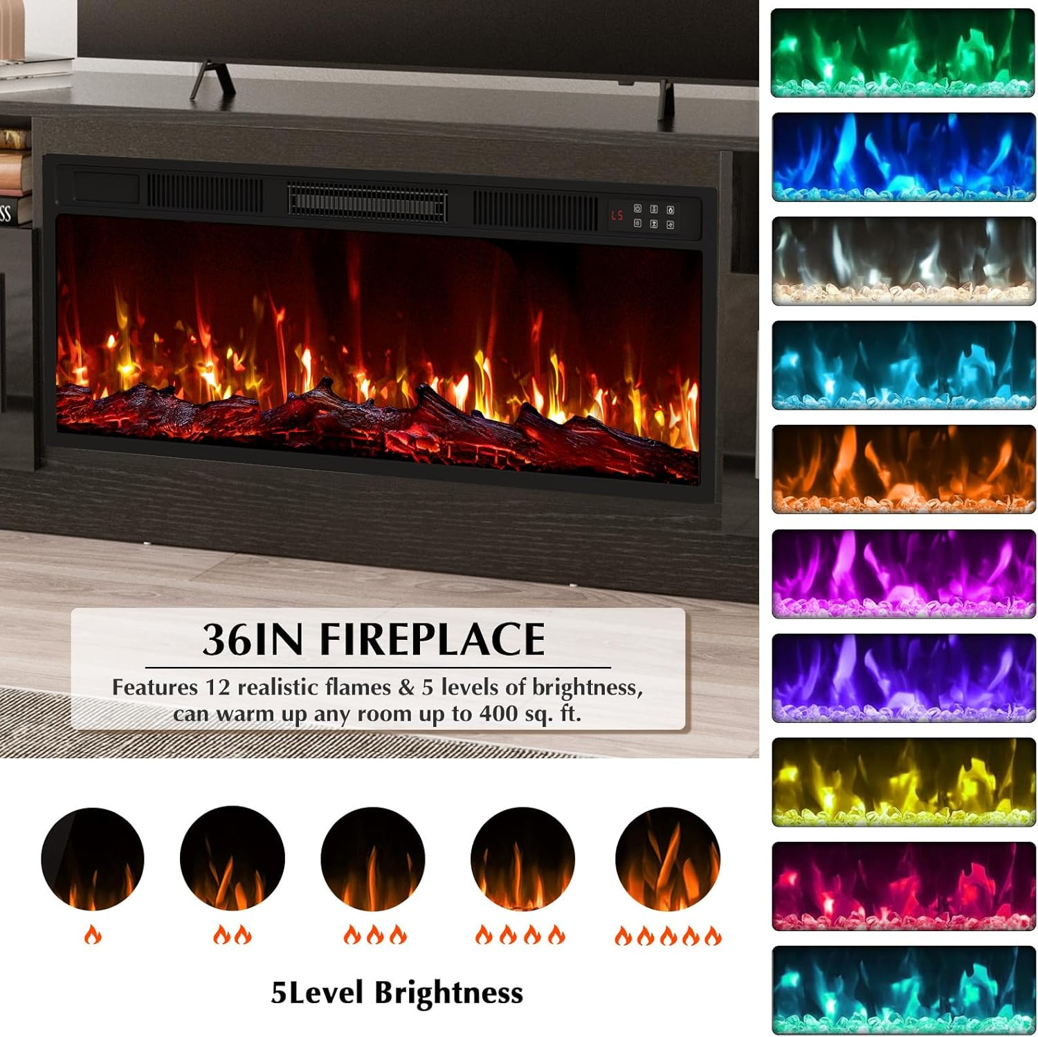 BOSSIN Fireplace TV Stand with 36 inch Fireplace Up to 80" TVs,LED Light Entertainment Center and Storage, 70" Modern Wood Media TV Console with Highlight Cabinet for Living Room