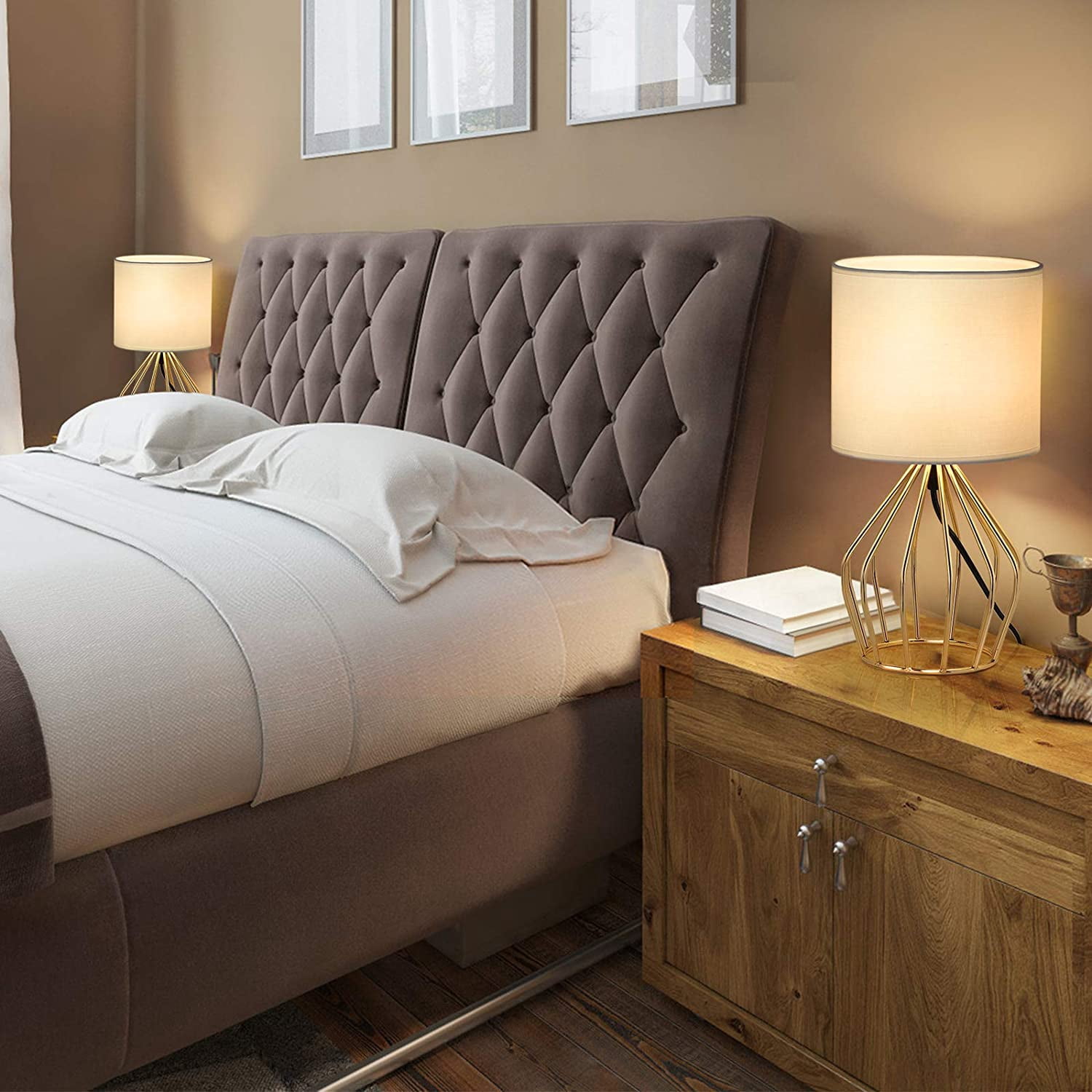 Oumilen Gold Table Lamps Hollowed Out Base with Linen Shade