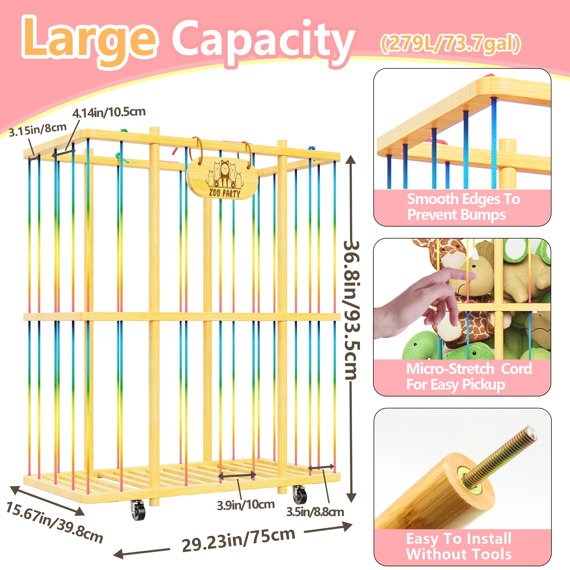 Large Stuffed Animal Zoo Storage Cage, Plush Toy Storage Organizer with Wheels, Bamboo Stuffed Animal Holder, Creative Stuffed Animal Storage for Nursery Playroom