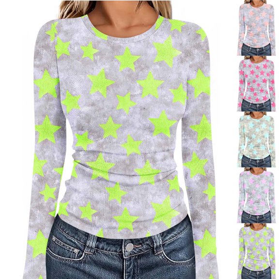 Danhjin Print Shirts for Women Long Sleeve Crew Neck Color Block Fashion Pullover Tops Fall Spring Casual Loose Graphic Blouses