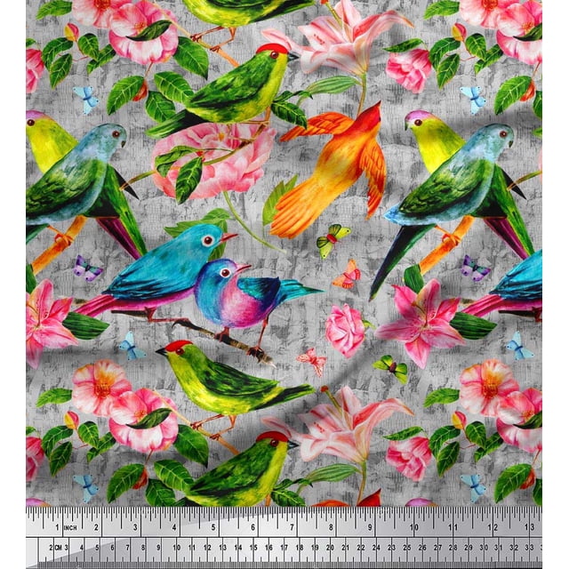 Soimoi Polyester Crepe Fabric Birds,Leaves & Lily Flower Printed Fabric 1 Yard 52 Inch Wide