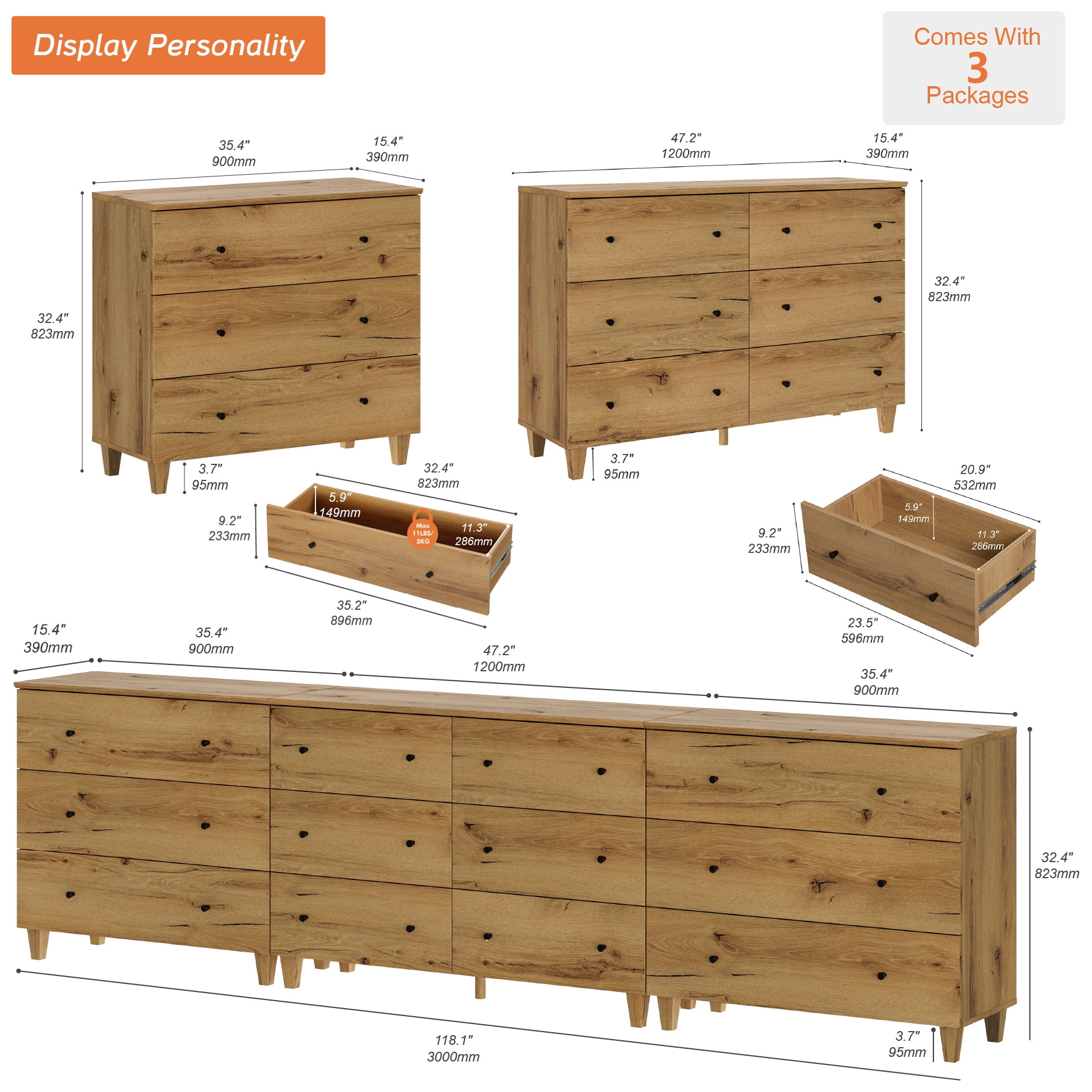 WAMPAT 12 Drawers Modern Wood Dresser for Bedroom, Modern Chest of Drawer, 118" Wide, Oak Brown Wood Finish