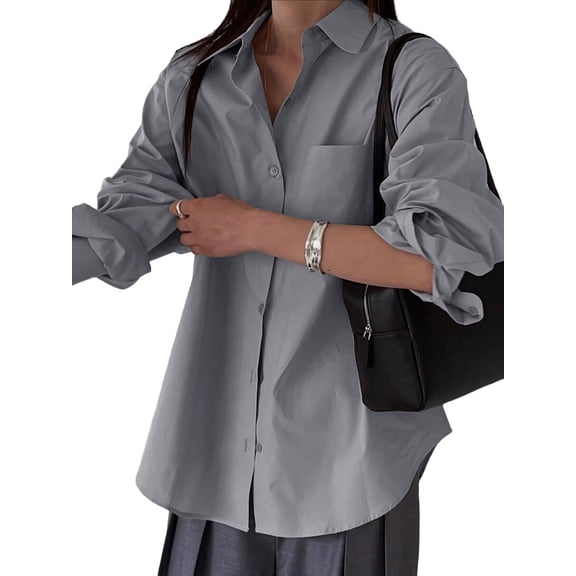 Women Button Down Shirts Casual Work Long Sleeve Boyfriend Blouse Dressy Summer Tops Gray M