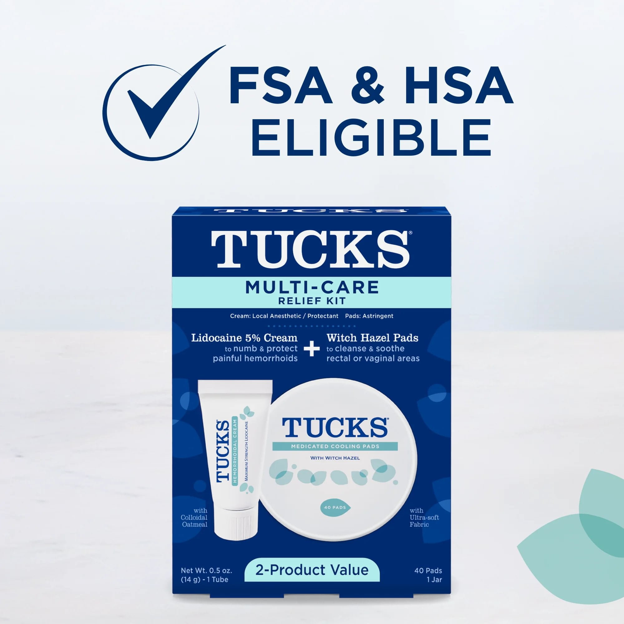 TUCKS Hemorrhoid Relief Kit with Lidocaine Cream and Witch Hazel Pads, 40 Count