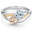 thumbnail image 2 of Gem Stone King 925 Sterling Silver and 10K Yellow Gold Peach Morganite Sky Blue Topaz and Lab Grown Diamond 2 Stone Engagement Ring for Women (1.14 Cttw, Round, October Birthstone, Size 6), 2 of 4