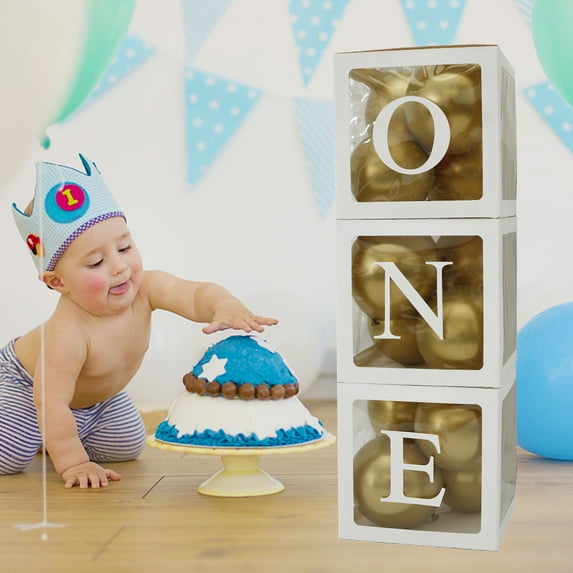 Retrok 3pcs First Birthday Balloon Boxes 1st Birthday Transparent Blocks Boxes Decorations with ONE Letter for Baby Boy or Girl - Newborn Photography Props,Table Centerpiece