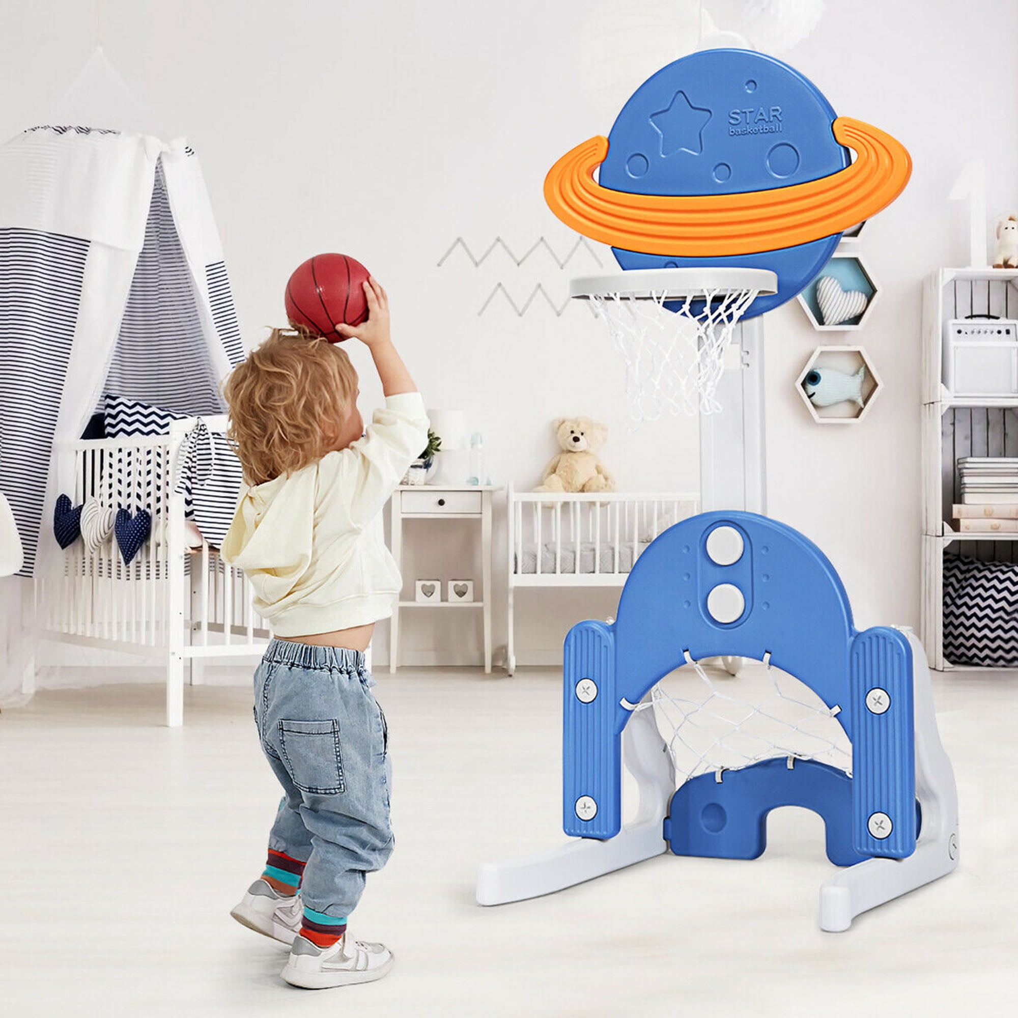 Gymax 3 in 1 Adjustable Sports Activity Center Kids Basketball Hoop Set with Balls Blue