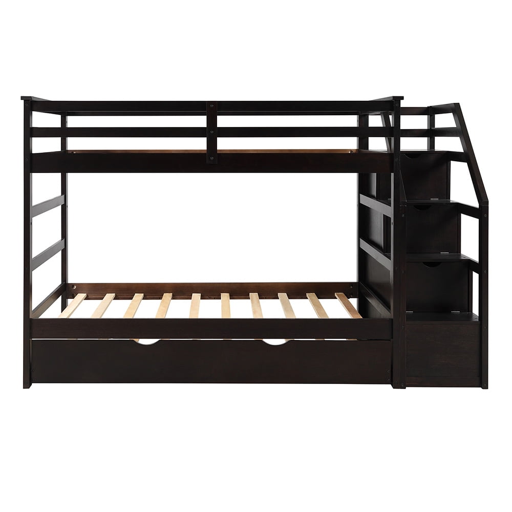 94.4" Twin Bunk Bedd with Trundle and 3 Storage Stairs-Espresso