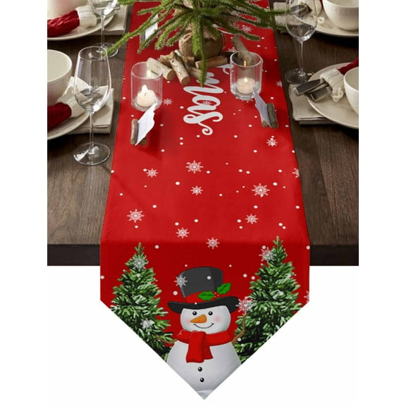 Table Runner Dresser Scarves Winter Christmas Snowman Snowflake Cotton Linen Burlap Table Cover Xmas Trees on Red Table Runners for Family Kitchen Dining Holiday Party Banquet Decor