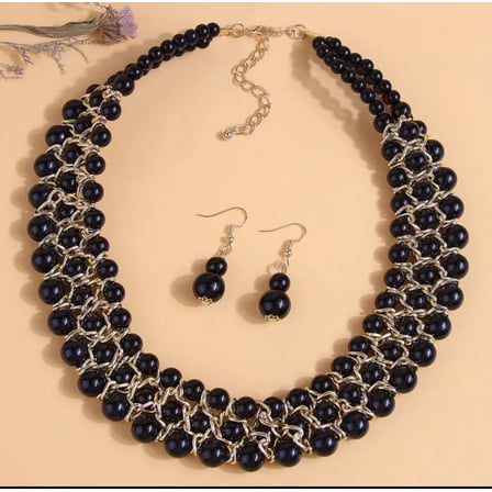 Pierced gold chain link and black wide statement necklace and earring set