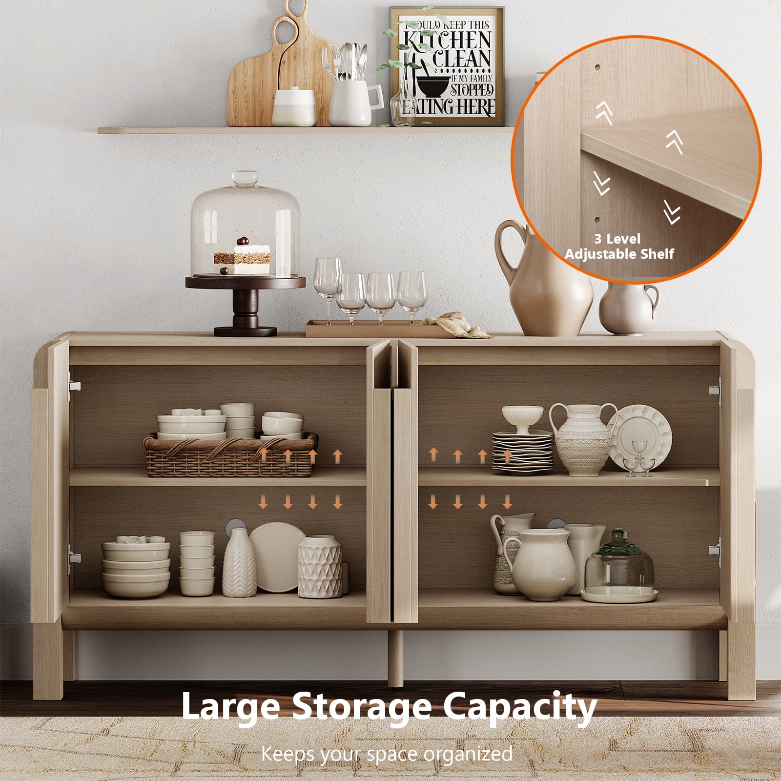 Modern 63" Wooden Sideboard Buffet Cabinet with Storage, Mid-century Credenza with Doors and Adjustable Shelves for Kitchen Living Room, Dining Room