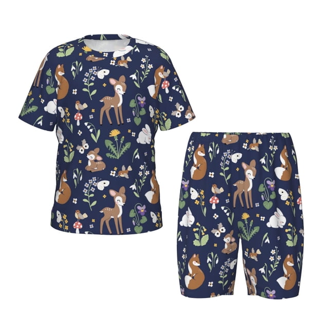 Fotbe Animals And Wildflowers Pijama Estampada de 2 Piezas para Niños – Ropa de Dormir de Manga Corta Cómoda para Niños y Niñas, Camiseta y Shorts de Algodón-XX-Large