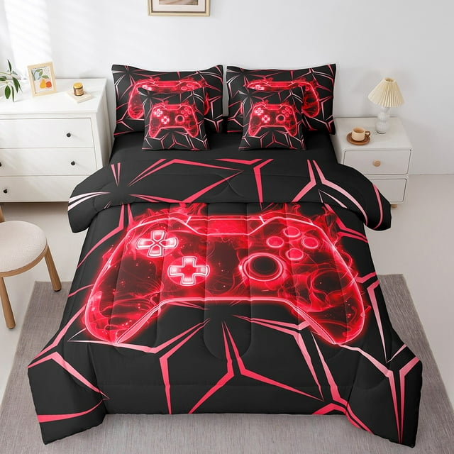 Erosebridal Red Gamepad Bedding Sets Full Size, Gradient Geometric Comforter Sets with Sheets, Modern Gaming Room Decor, Reversible